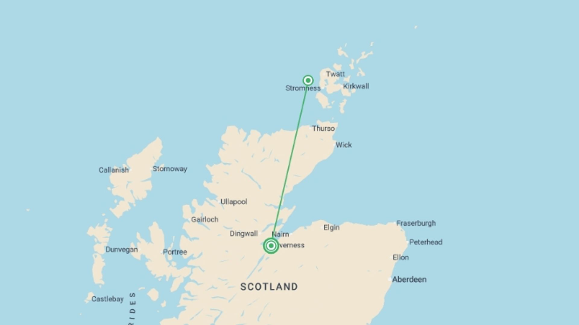 A map showing the tour itinerary for the trip: Inverness to Orkney - 3 days, starting in Inverness, Scotland and ending in Inverness, Scotland going through 1 other destinations.