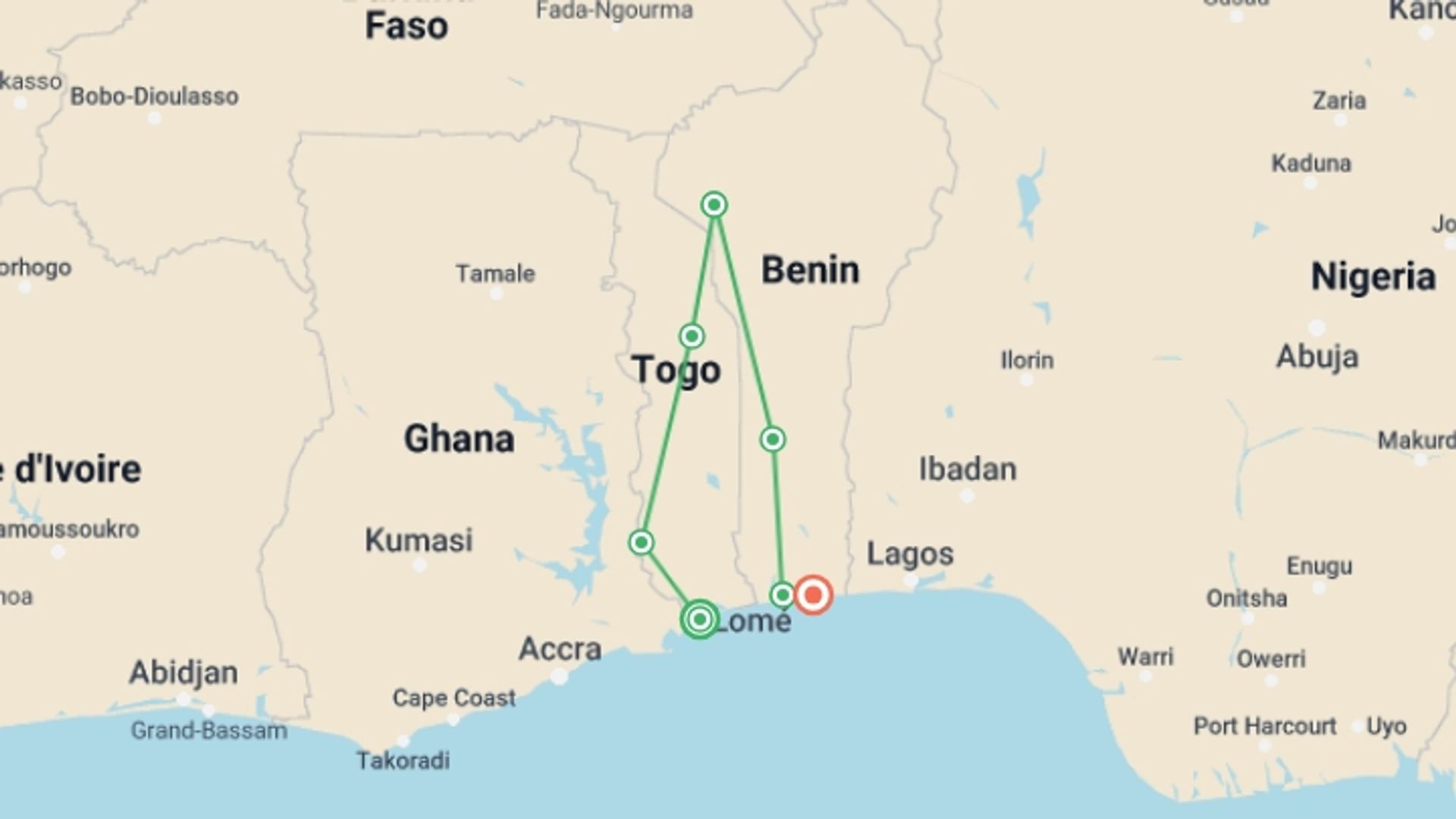 A map showing the tour itinerary for the trip: Togo and Benin: Local Markets, Koutammakou and Voodoo Traditions, starting in Lomé, Togo and ending in Cotonou, Benin going through 5 other destinations.