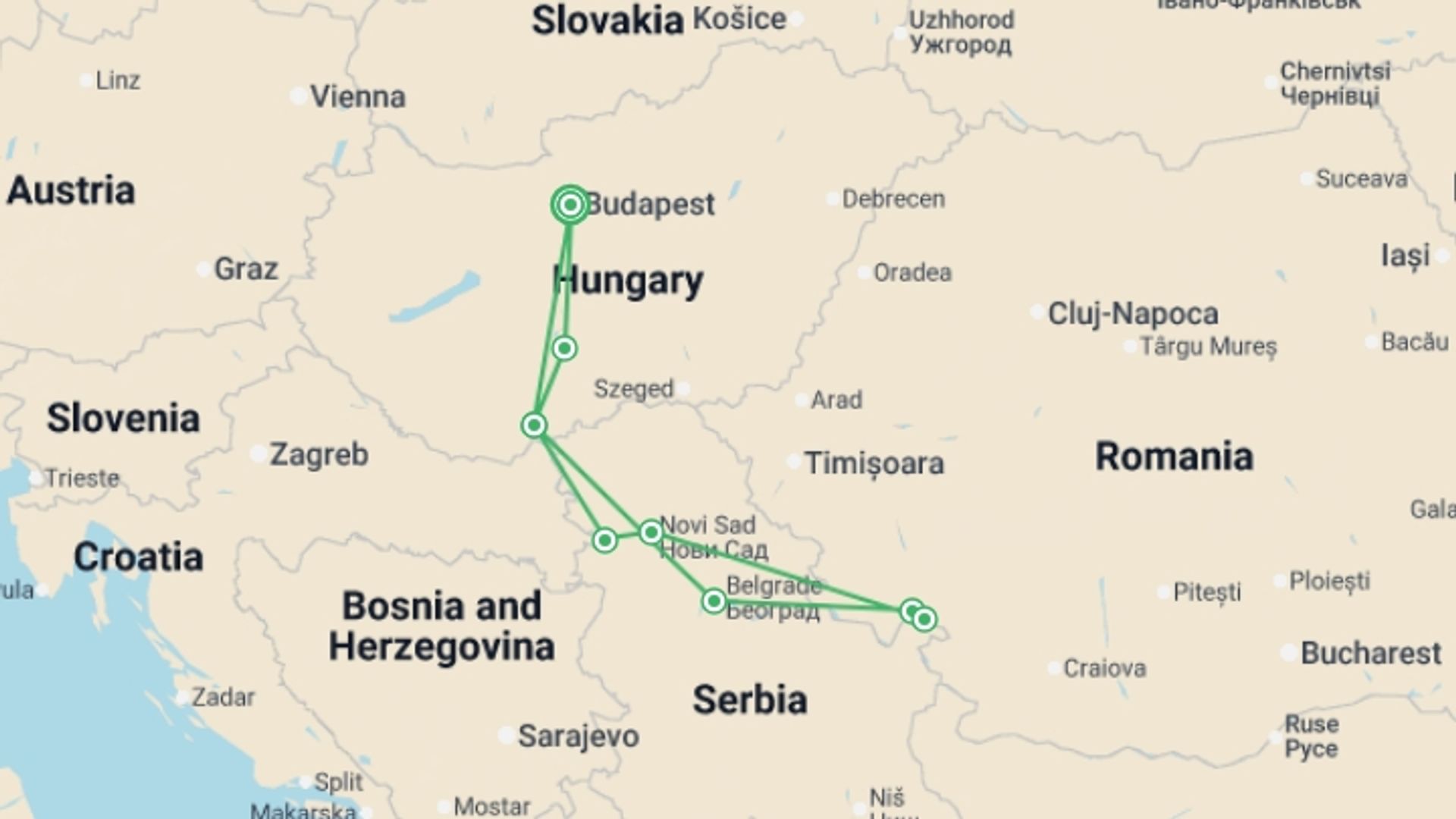 A map showing the tour itinerary for the trip: Budapest, the Pearl of the Danube (port-to-port cruise), starting in Budapest, Hungary and ending in Budapest, Hungary going through 5 other destinations.