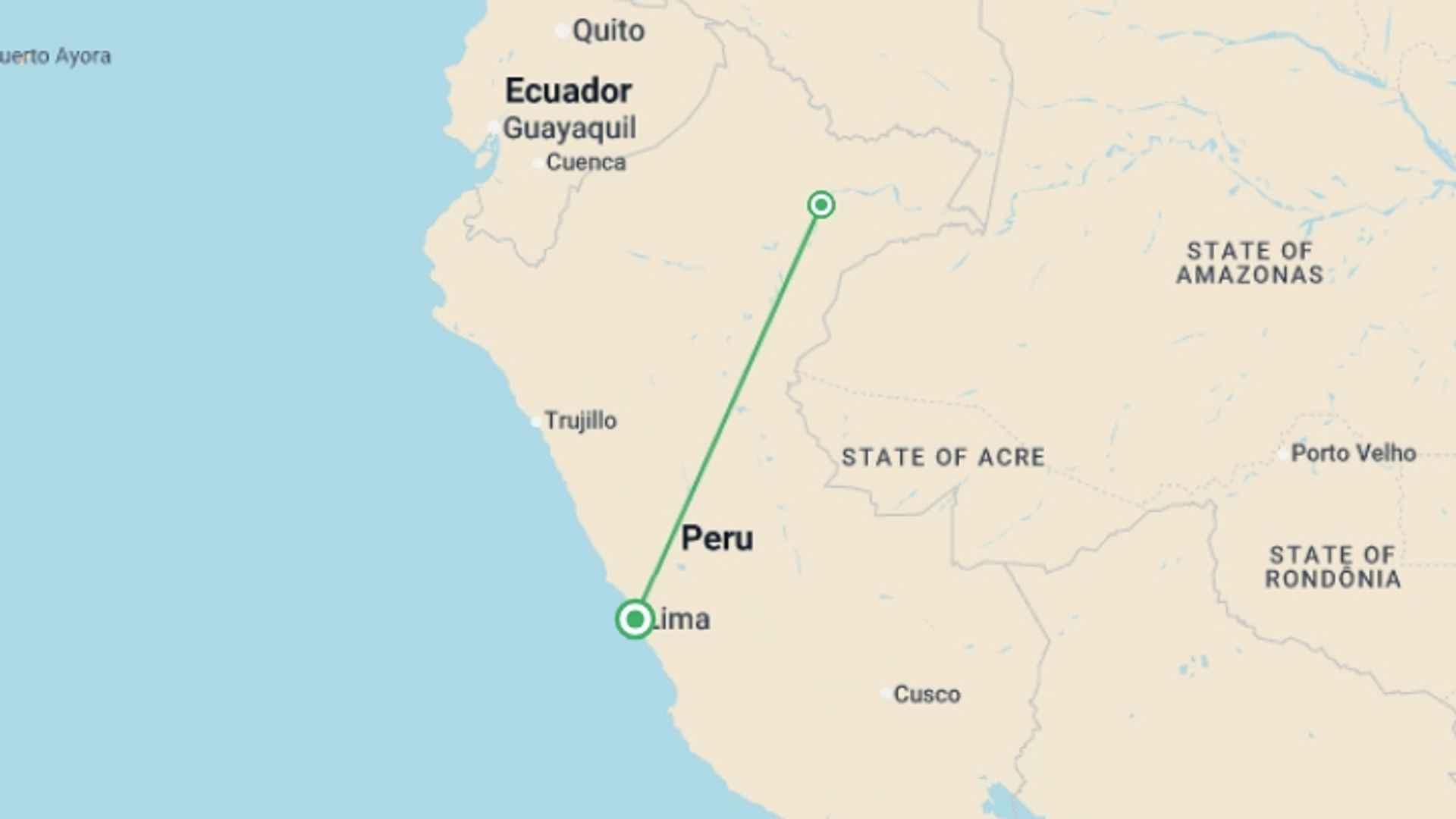 A map showing the tour itinerary for the trip: Iquitos Amazon Jungle Adventure 4D/3N, starting in Lima, Peru and ending in Lima, Peru going through 2 other destinations.