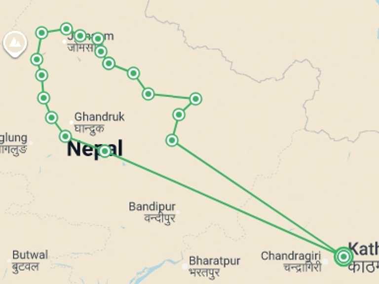 Map itinerary of Asia Tour in April 2027 with 18 destination visits for the trip: Annapurna Circuit Trek
