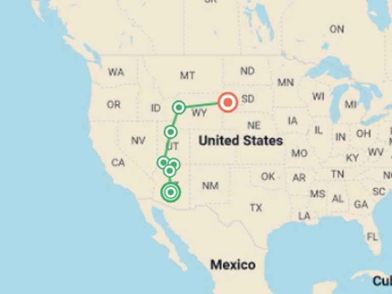 Map of North America Tour with 9 destination visits for the trip: National Parks of America 