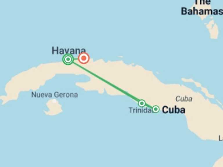 Map of Havana Cultural, religious and historic sites Tour with 4 destination visits for the trip: Best of Western Cuba + Beach Extension