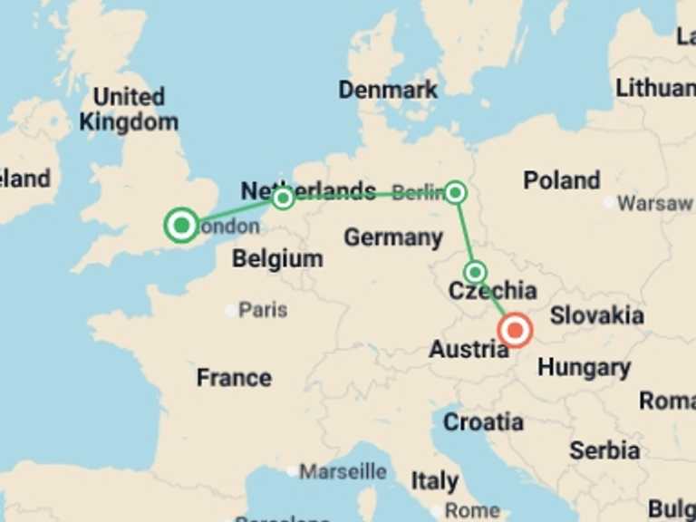Map of Europe Tour with 5 destination visits for the trip: London to Vienna Trail