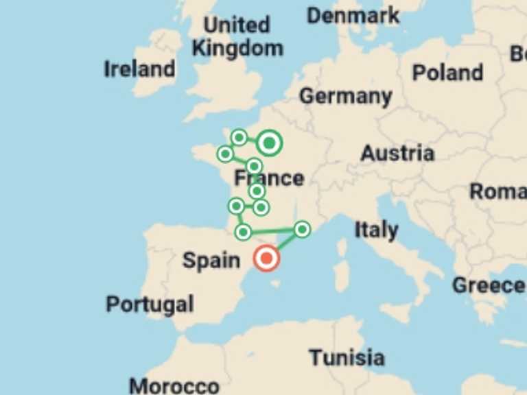 Map itinerary of Mediterranean Tour in Fall with 10 destination visits for the trip: Normandy, all of France and Barcelona