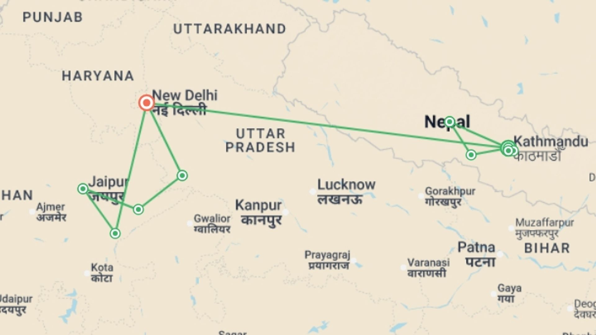 A map showing the tour itinerary for the trip: Nepal, Taj & Tigers - 18 days, starting in Kathmandu, Nepal and ending in New Delhi, India going through 6 other destinations.