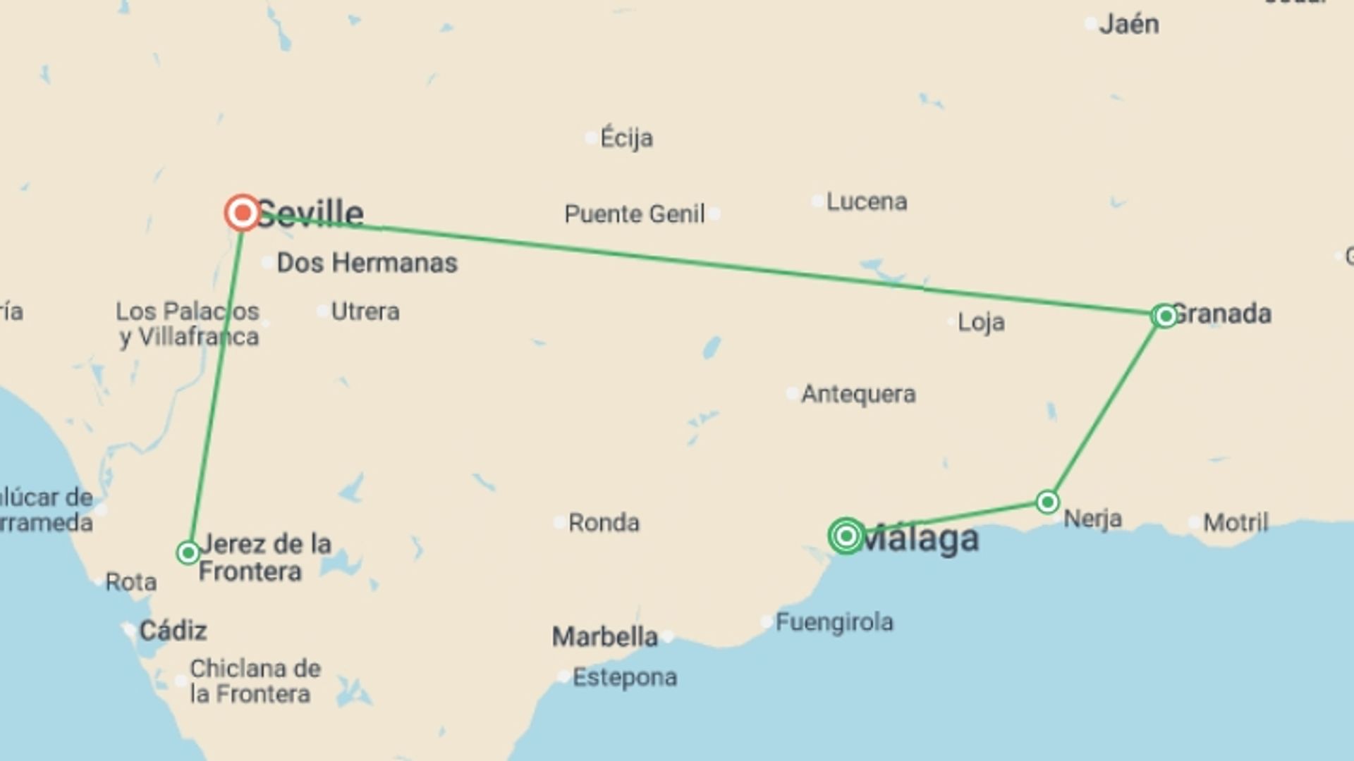 A map showing the tour itinerary for the trip: Three Cities of Andalucia, starting in Malaga, Spain and ending in Seville, Spain going through 4 other destinations.