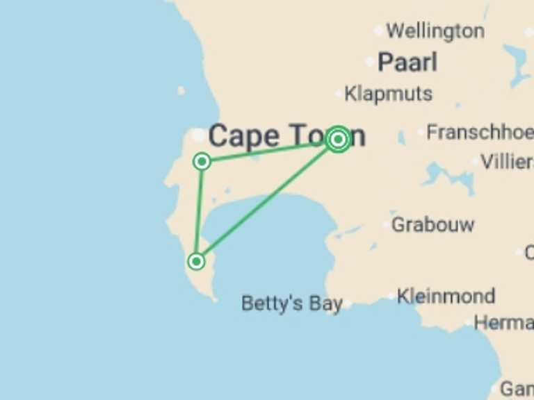 Map itinerary of Southern Africa Tour in November 2026 with 3 destination visits for the trip: Highlights of South Africa's Winelands