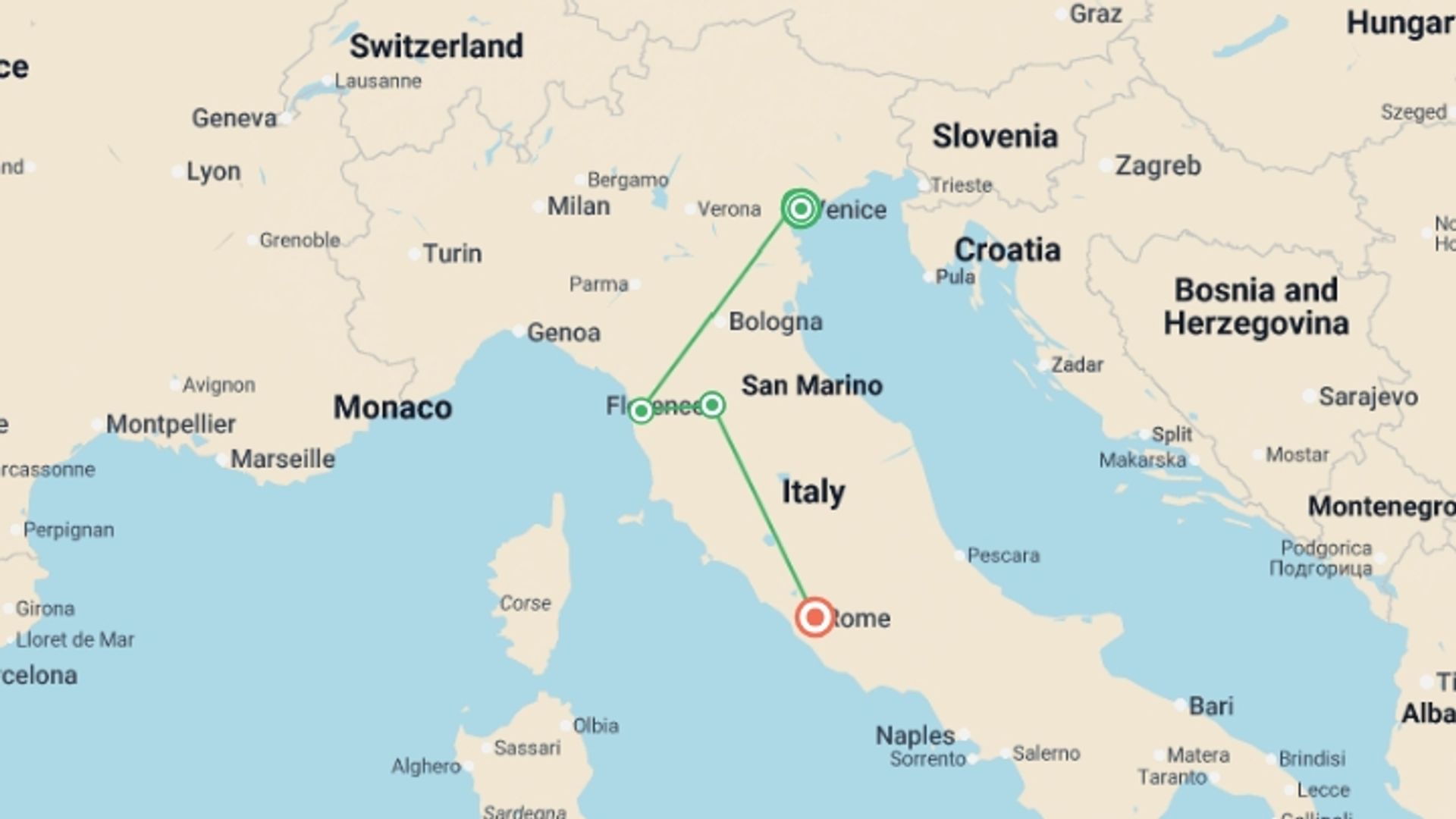 A map showing the tour itinerary for the trip: Picturesque Solo Italy Tour, starting in Venice, Italy and ending in Rome, Italy going through 2 other destinations.