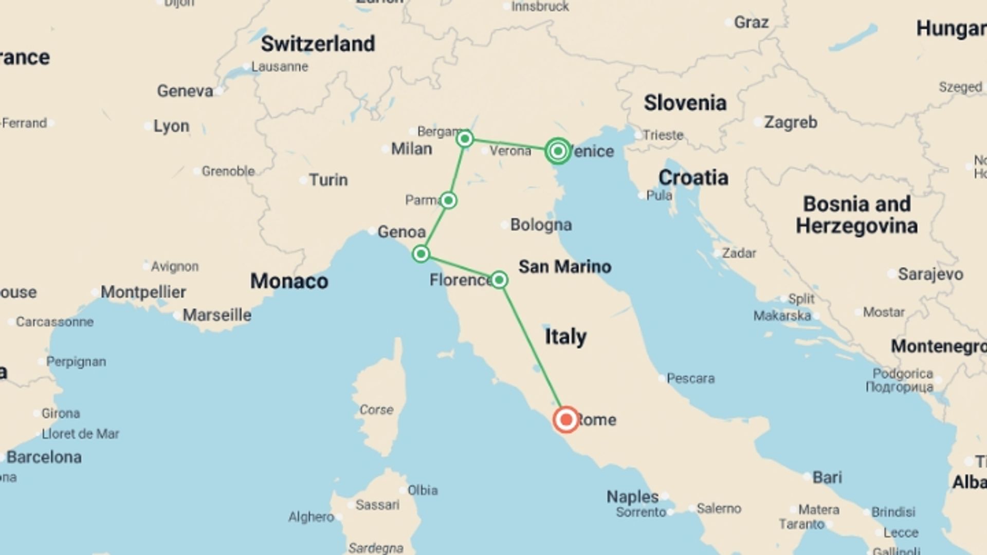 A map showing the tour itinerary for the trip: Essential Italy, starting in Venice, Italy and ending in Rome, Italy going through 4 other destinations.