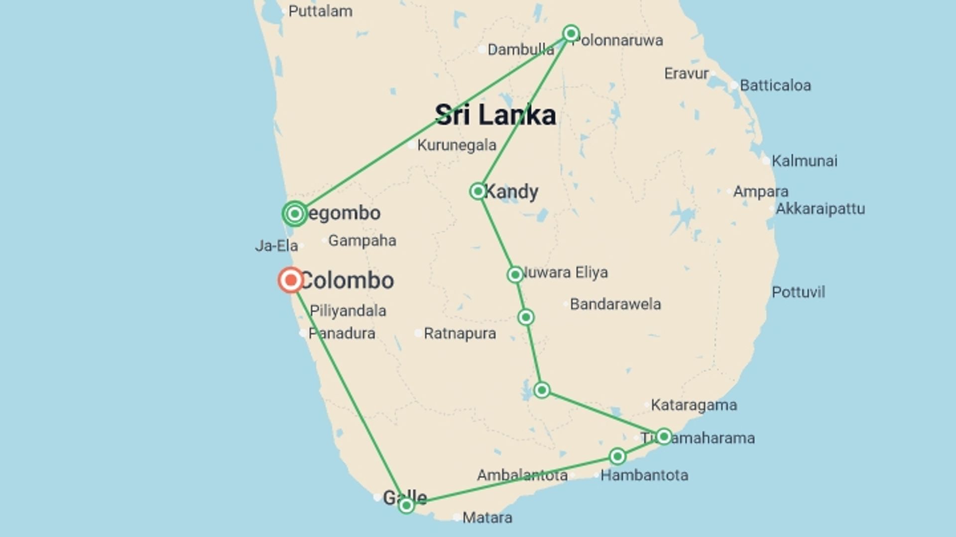 A map showing the tour itinerary for the trip: Cycle Sri Lanka, starting in Negombo, Sri Lanka and ending in Colombo, Sri Lanka going through 8 other destinations.