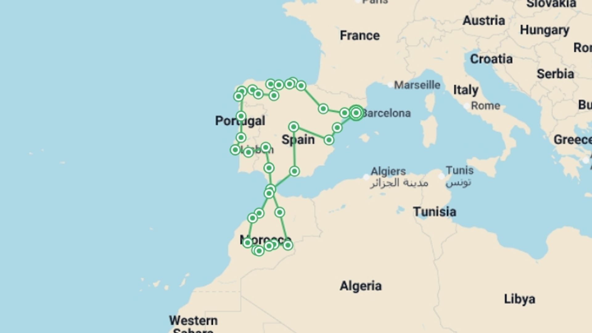 A map showing the tour itinerary for the trip: The Big Tour of Spain, Morocco and Portugal (without Alhambra), starting in Barcelona, Spain and ending in Barcelona, Spain going through 15 other destinations.