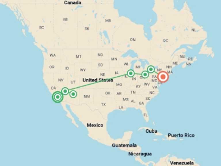 Map itinerary of Las Vegas Tour in Fall with 7 destination visits for the trip: From the West with Chicago and NY