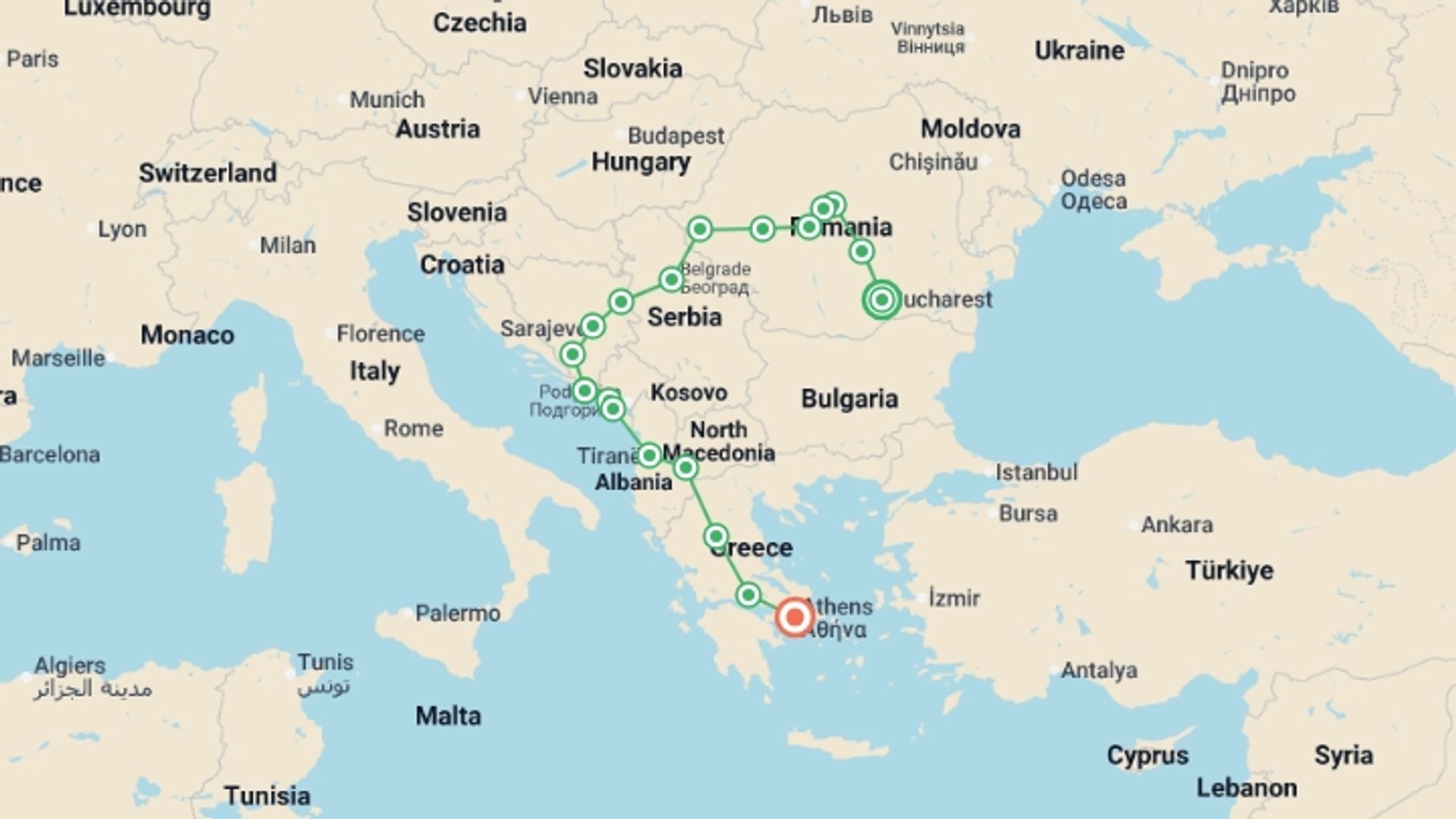 A map showing the tour itinerary for the trip: Balkan Capitals, starting in Bucharest, Romania and ending in Athens, Greece going through 8 other destinations.