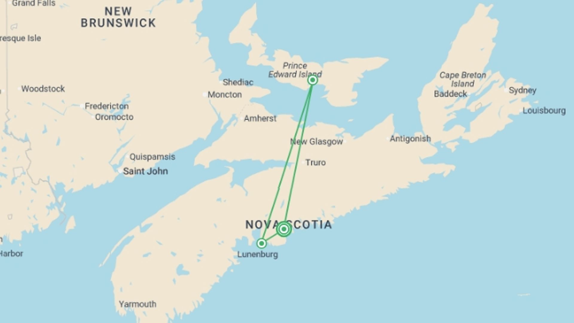 A map showing the tour itinerary for the trip: Halifax & Prince Edward Island - 6 days, starting in Halifax, Canada and ending in Halifax, Canada going through 2 other destinations.