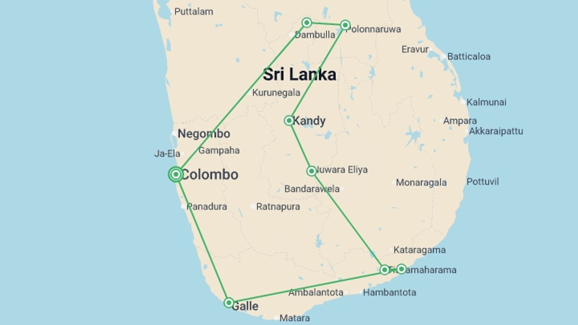 A map showing the tour itinerary for the trip: Best of Sri Lanka, starting in Colombo, Sri Lanka and ending in Colombo, Sri Lanka going through 7 other destinations.