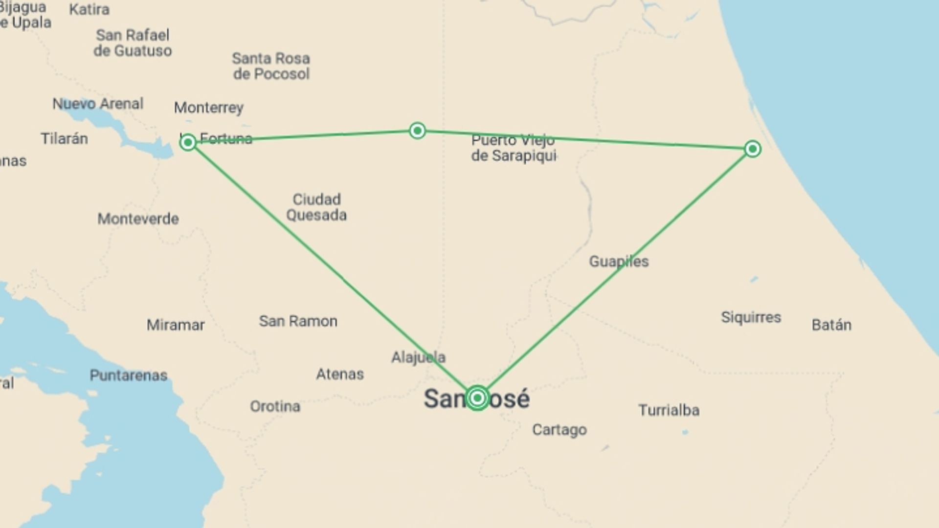 A map showing the tour itinerary for the trip: Tropical Costa Rica, 7 Days, starting in San Jose, Costa Rica and ending in San Jose, Costa Rica going through 3 other destinations.