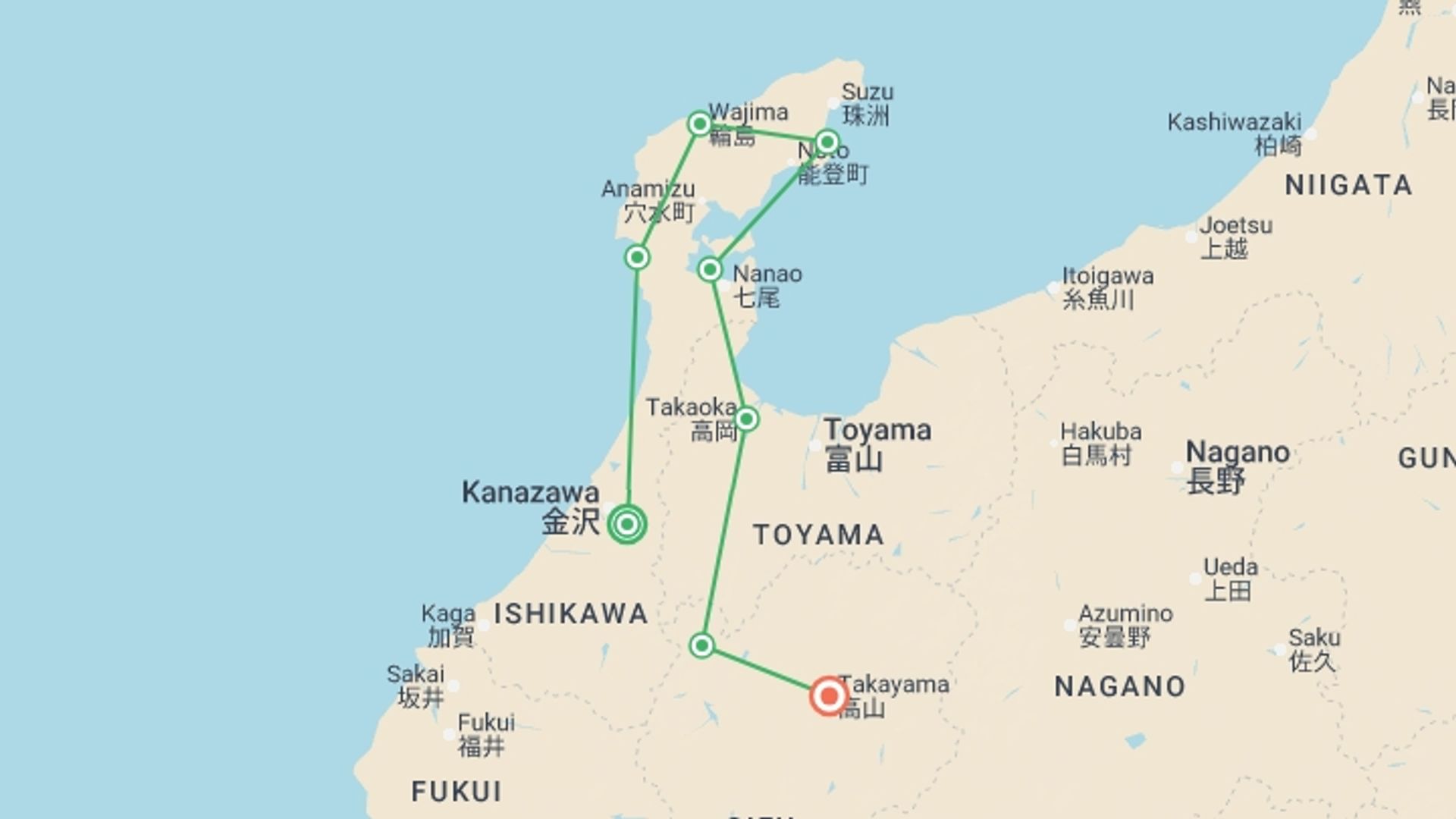 A map showing the tour itinerary for the trip: Japan Cycling Tour: Discover Japan's Heritage on Bike, starting in Kanazawa, Japan and ending in Takayama, japan going through 6 other destinations.