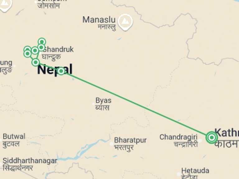 Map of Kathmandu Explorer Tour with 7 destination visits for the trip: Annapurna Poon Hill Trek - 10 days
