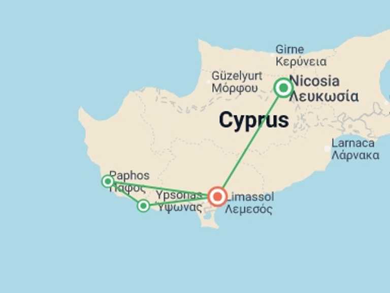 Map itinerary of Cyprus Tour in September 2025 with 4 destination visits for the trip: Cinyras Tour