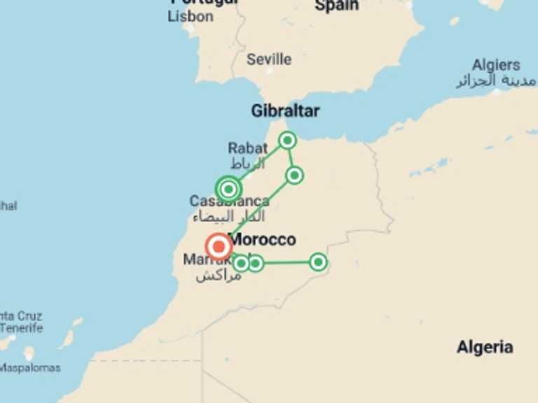 Map itinerary of Marrakech Tour in Winter with 8 destination visits for the trip: Morocco: Markets & Mountains