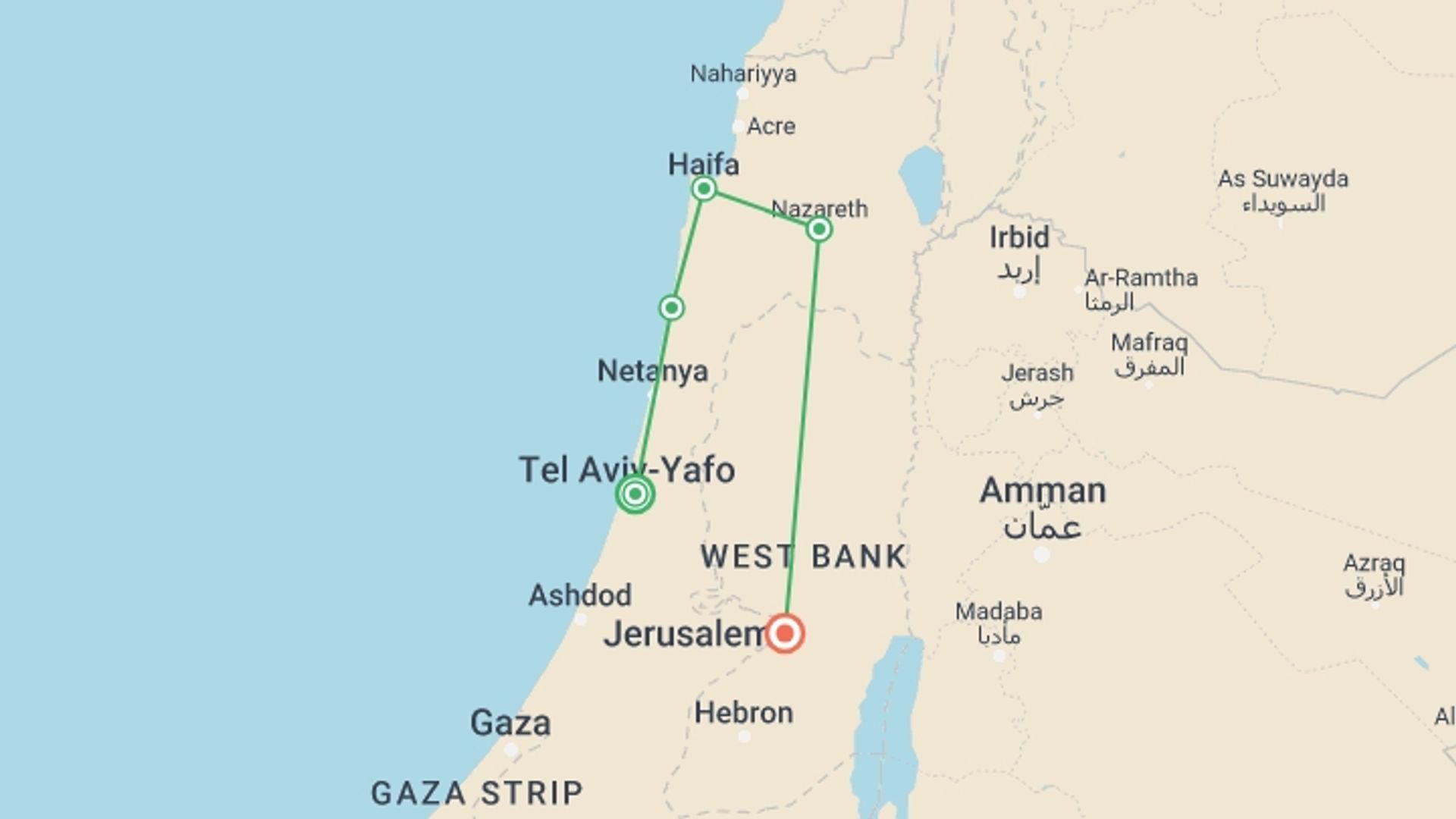 A map showing the tour itinerary for the trip: Discover Israel, starting in Tel Aviv, Israel and ending in Jerusalem, Israel going through 1 other destinations.