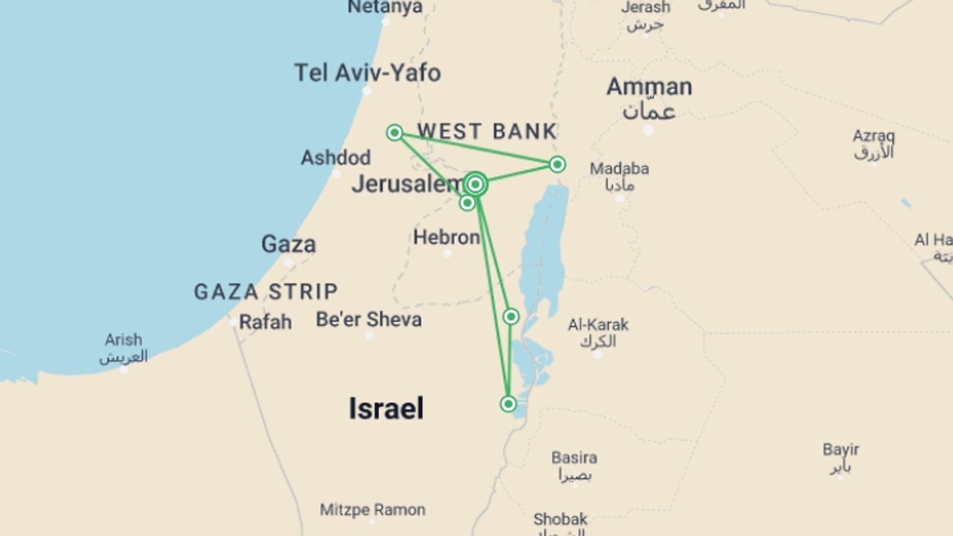 A map showing the tour itinerary for the trip: Jerusalem, Masada And Bethlehem Tour, 3 Days From Jerusalem, starting in Jerusalem, Israel and ending in Jerusalem, Israel going through 0 other destinations.