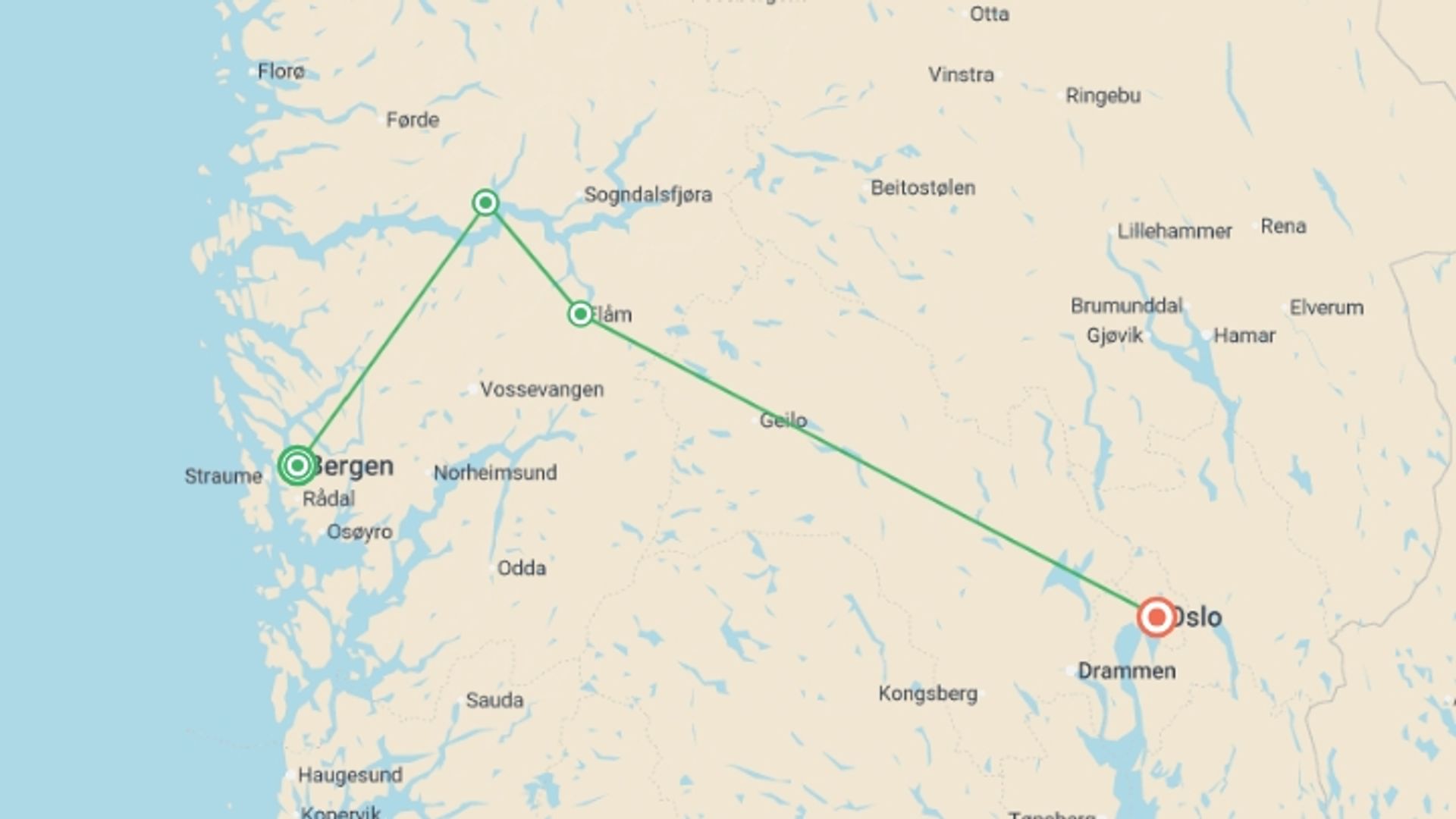 A map showing the tour itinerary for the trip: Magic of the Fjords - 7 days, starting in Bergen, Norway and ending in Oslo, Norway going through 1 other destinations.