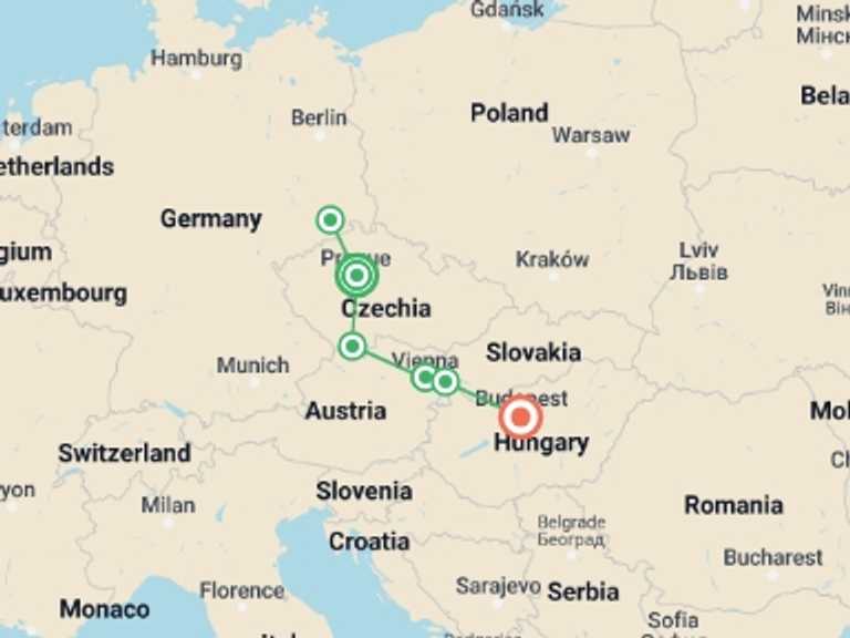 Map itinerary of Prague Tour in November 2026 with 2 destination visits for the trip: European Christmas Markets featuring Prague, Vienna & Budapest