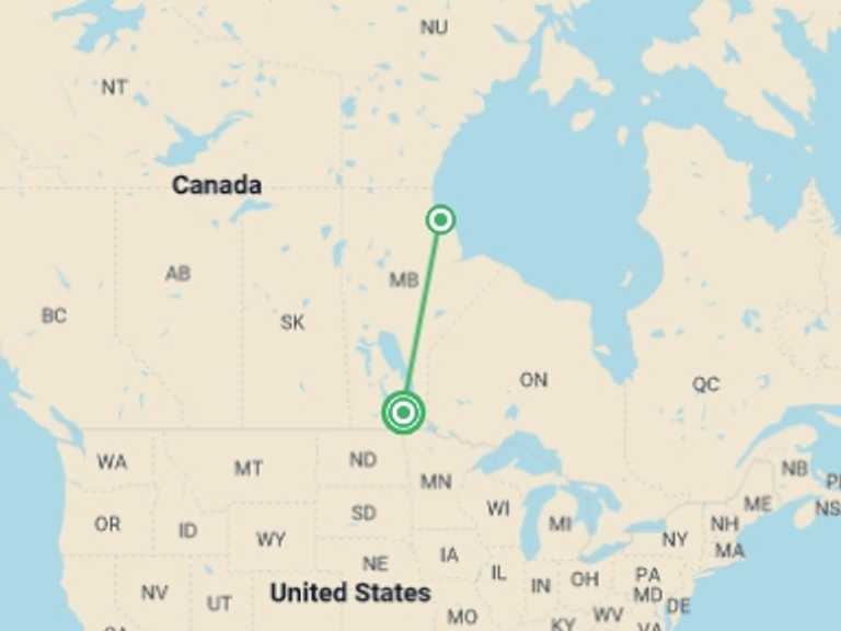 Map itinerary of Canada Tour in October 2025 with 2 destination visits for the trip: Polar Bears in Churchill