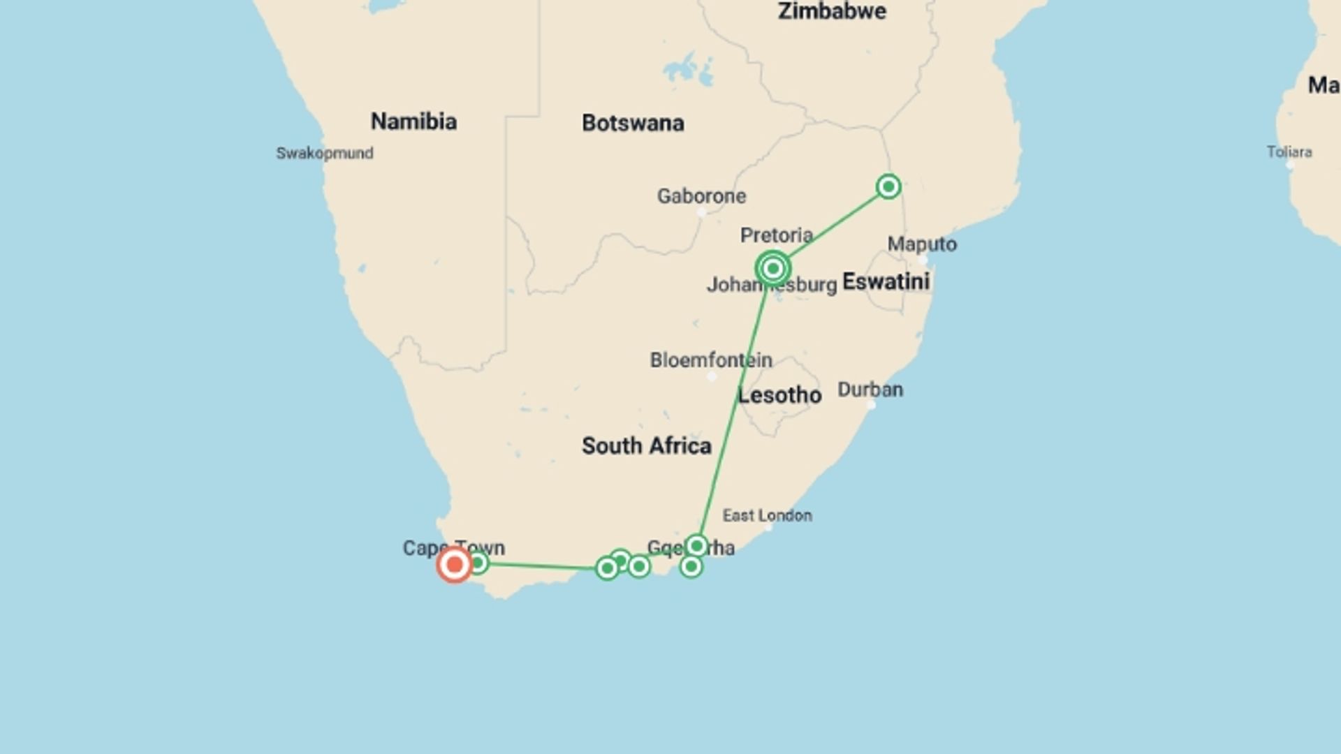 A map showing the tour itinerary for the trip: Highlights of South Africa, starting in Johannesburg, South Africa and ending in Cape Town, South Africa going through 7 other destinations.