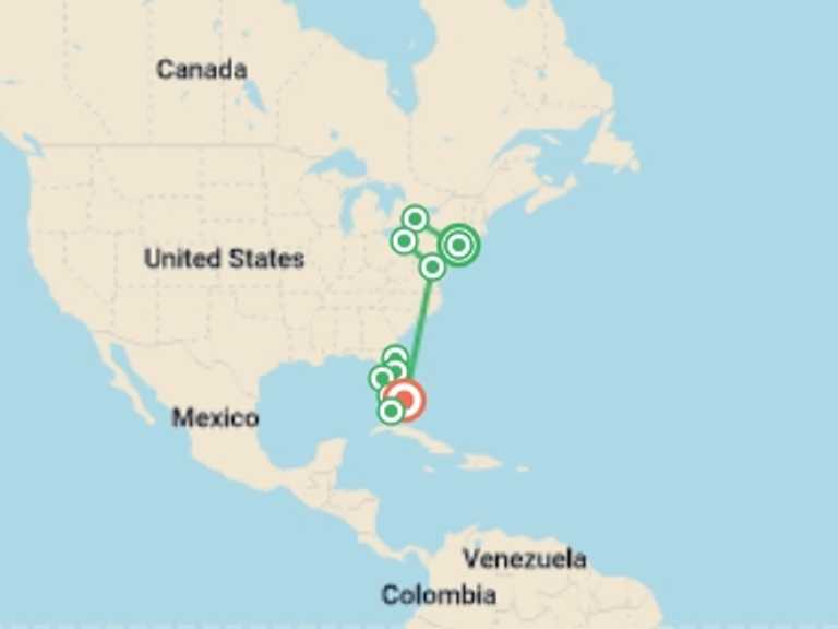 Map of North America Explorer Tour with 10 destination visits for the trip: North to South New York to Miami - 13 days 