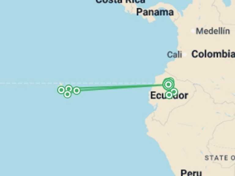 Map itinerary of Quito Tour in June 2027 with 7 destination visits for the trip: Ecuador Highlands & Galapagos