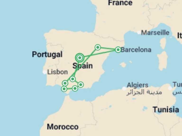 Map of 12-Day Madrid Tour with 8 destination visits for the trip: Ultimate Andalusia with Madrid and Barcelona  