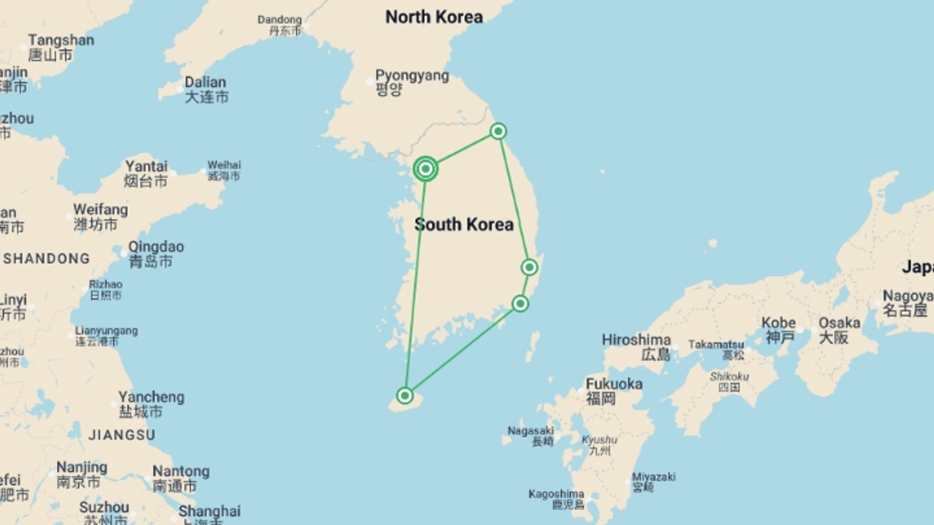 A map showing the tour itinerary for the trip: The Best of South Korea Tour, starting in Seoul, South Korea and ending in Jeju city, South Korea going through 4 other destinations.