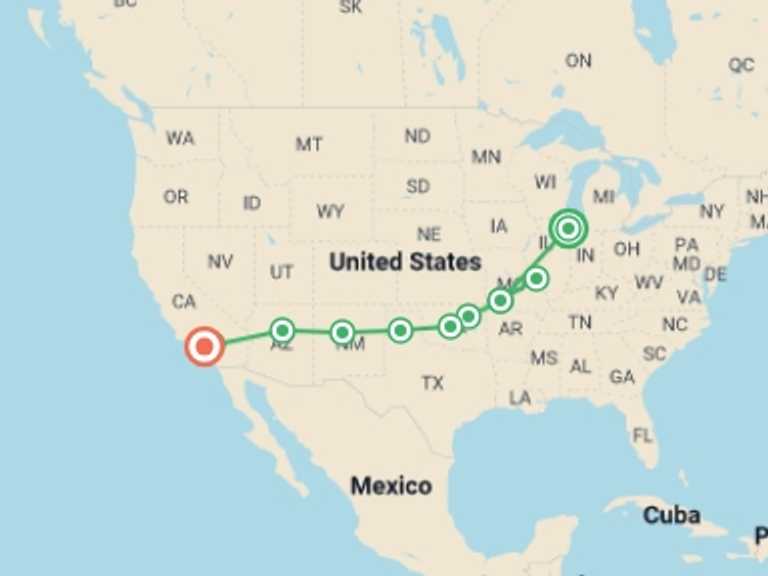 Map of a Adventure and sport Tour with 11 destination visits for the trip: Route 66 From Chicago to LA - 12 days