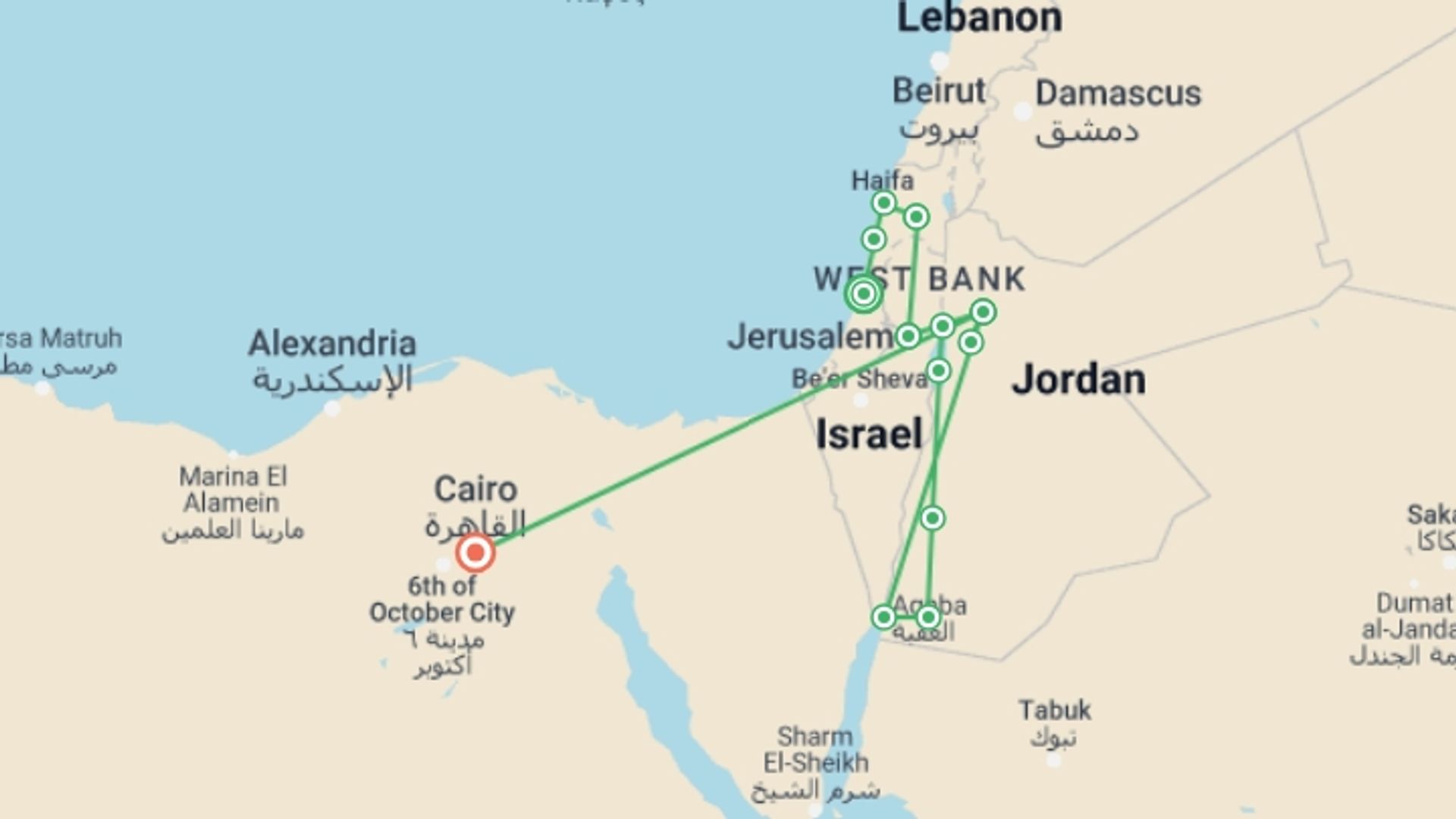 A map showing the tour itinerary for the trip: Israel, Jordan and Cairo, starting in Tel Aviv, Israel and ending in Cairo, Egypt going through 0 other destinations.
