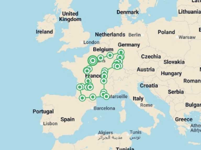 Map of Europe Tour with 12 destination visits for the trip: Enchanted France and Black Forest