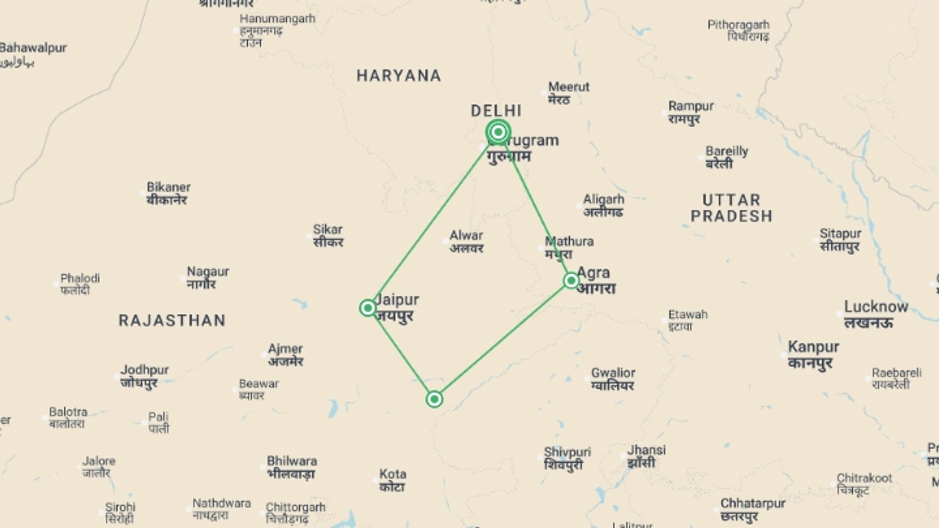 A map showing the tour itinerary for the trip: Essence of India , starting in New Delhi, India and ending in New Delhi, India going through 3 other destinations.