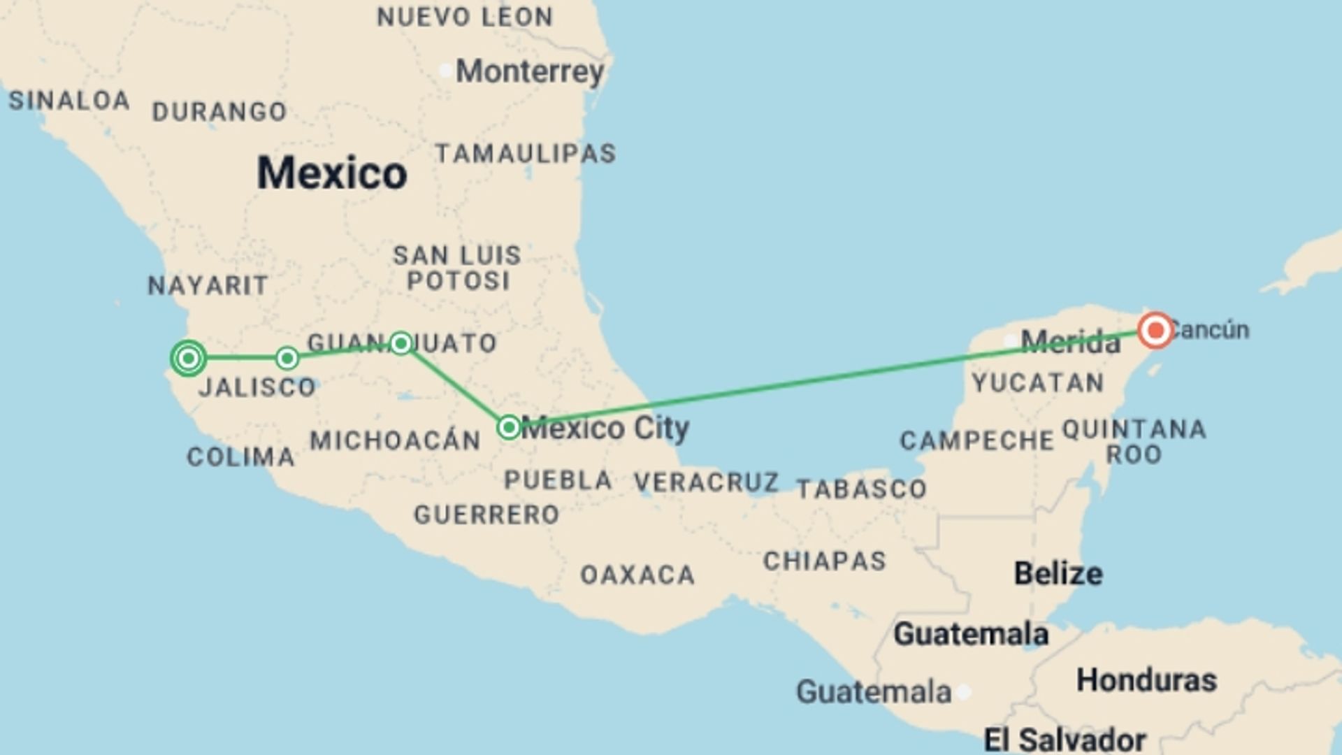 A map showing the tour itinerary for the trip: Mexico Grande, starting in Puerto Vallarta, Mexico and ending in Cancún, Mexico going through 3 other destinations.
