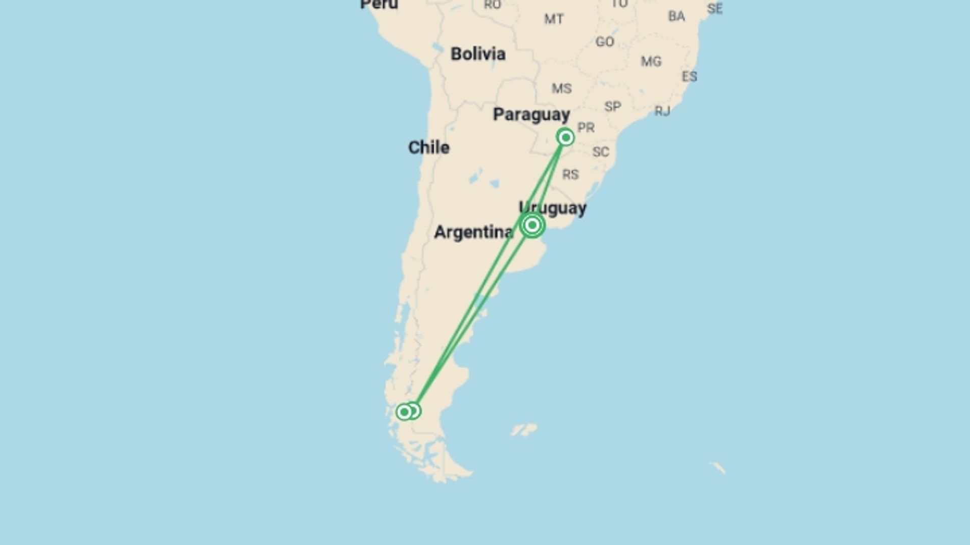 A map showing the tour itinerary for the trip: 10-Day Buenos Aires, Iguazu & Calafate Tour, starting in Buenos Aires, Argentina and ending in Buenos Aires, Argentina going through 3 other destinations.