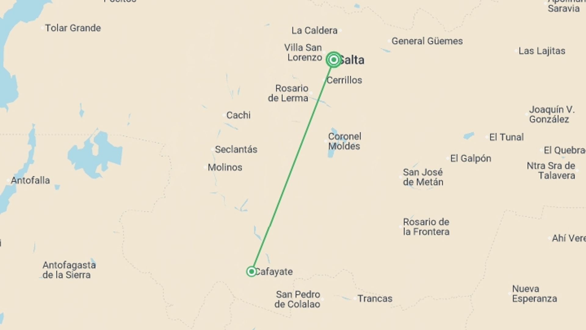 A map showing the tour itinerary for the trip: 4-day Salta Journey: Northern Argentina Escape, starting in Salta, Argentina and ending in Salta, Argentina going through 1 other destinations.