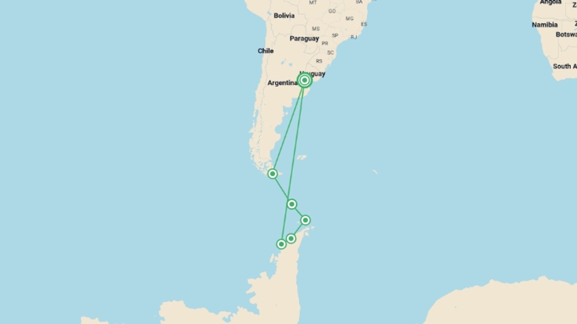 A map showing the tour itinerary for the trip: Antarctica by Helicopter: Crossing the Circle and the Peninsula, starting in Buenos Aires, Argentina and ending in Buenos Aires, Argentina going through 4 other destinations.