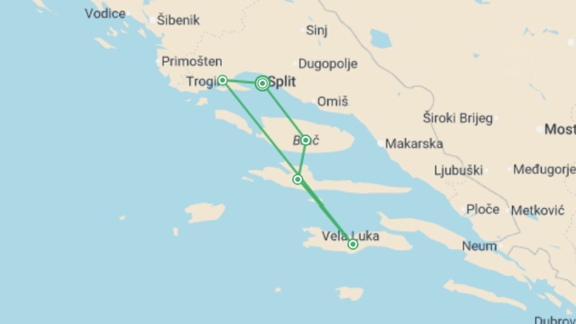 A map showing the tour itinerary for the trip: Croatia Island Hopping, 11 Days, starting in Bol, Croatia and ending in Bol, Croatia going through 5 other destinations.