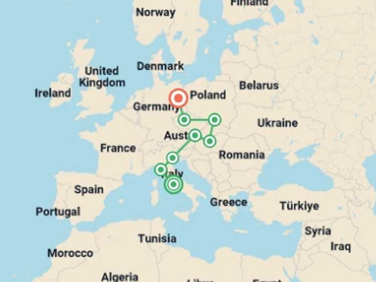 Map of 15-Day Europe Tour with 8 destination visits for the trip: Rome to Berlin: Piazzas, Prague & the Past