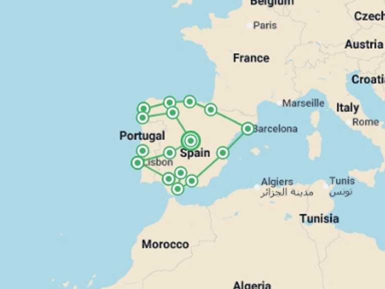 Map itinerary of Portugal Tour in May 2026 with 15 destination visits for the trip: Journey Across Iberia - 20 days