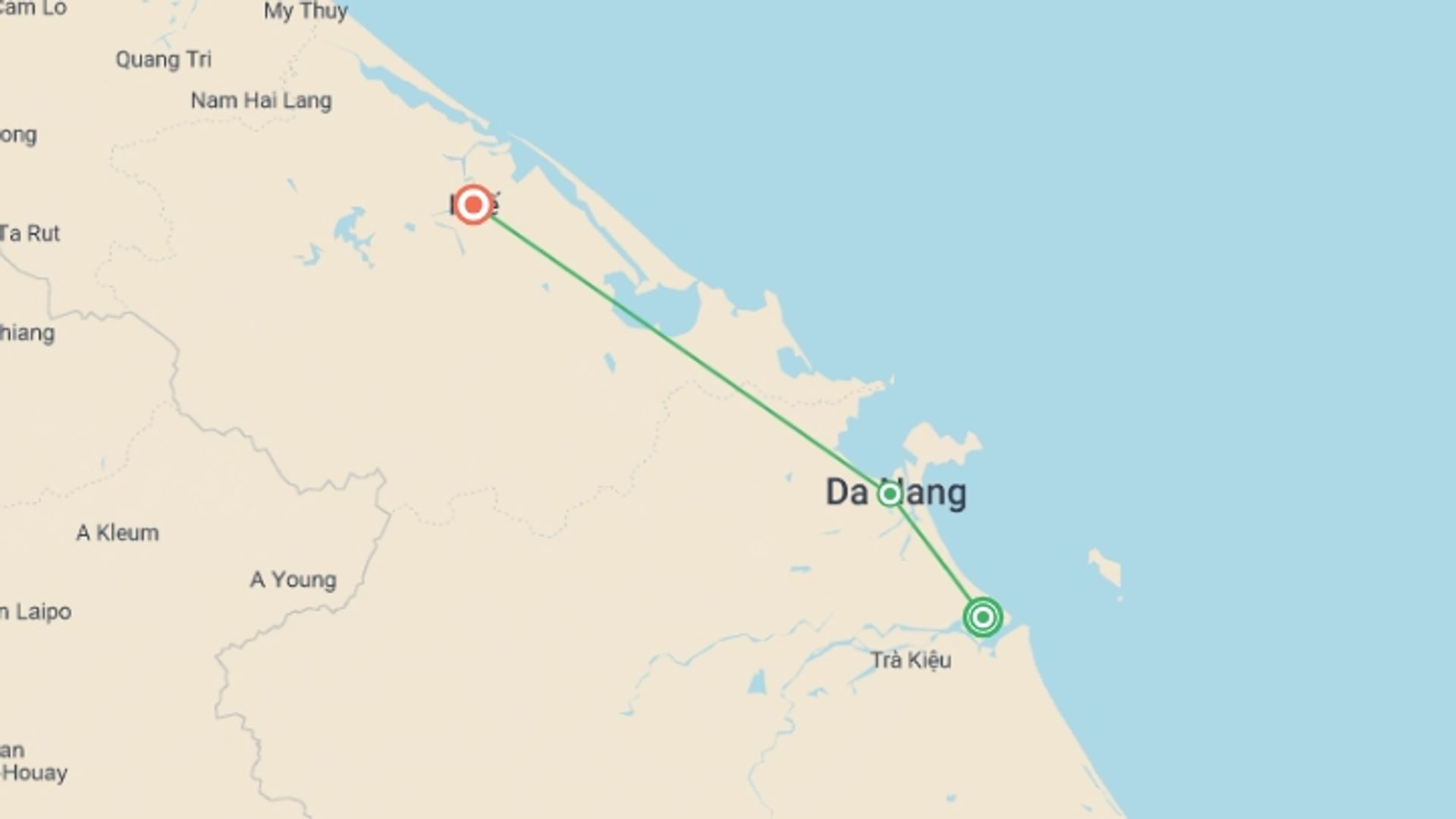 A map showing the tour itinerary for the trip: Ride Vietnam, starting in Hoi An, Vietnam and ending in Hue, Vietnam going through 1 other destinations.