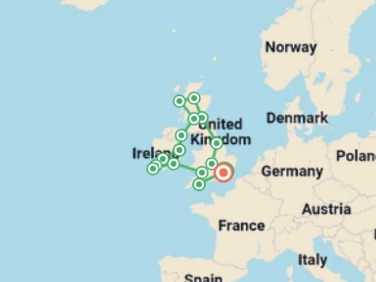 Map itinerary of England Tour in September 2026 with 17 destination visits for the trip: Romantic Britain & Ireland