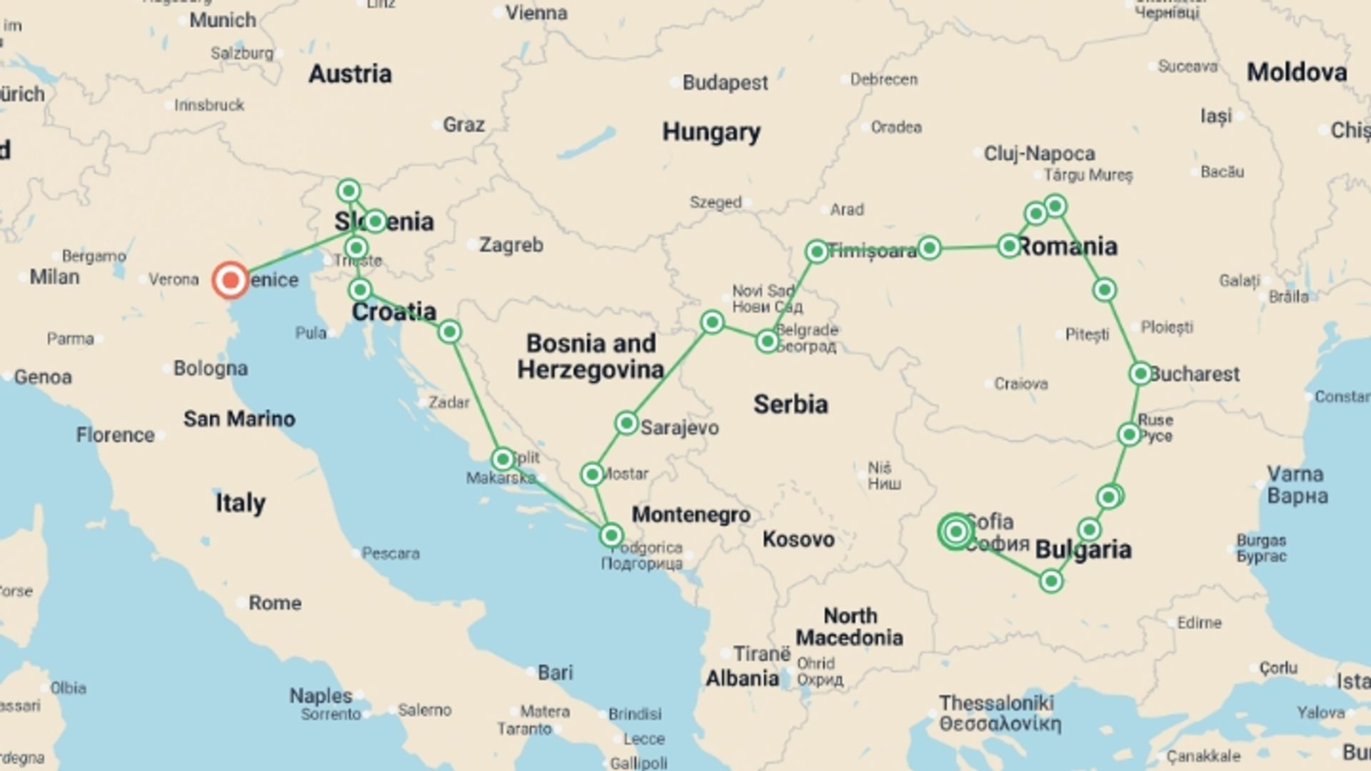A map showing the tour itinerary for the trip: Balkanic Miracle, starting in Sofia, Bulgaria and ending in Venice, Italy going through 11 other destinations.
