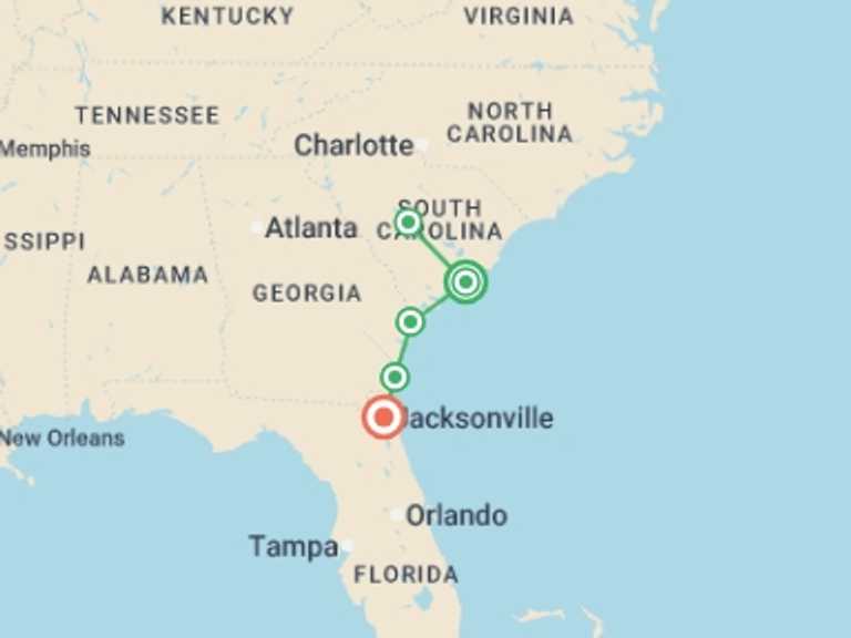 Map of a Cultural, religious and historic sites Tour with 5 destination visits for the trip: Southern Charm featuring Charleston, Savannah & Jekyll Island